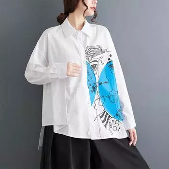 DIMANAF 2024 Плюс Размер Новая Весна. Стильная Блузка Винтаж Ретро Дизайн Повседневная Рубашка С Длинным Рукавом Женская Свободная Рубашка Белая Рубашка С Геометрическим Принтом