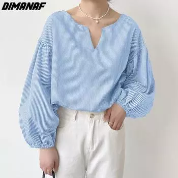 DIMANAF 2024 плюс размер, новая женская летняя блузка с рюшами, рубашка с длинными рукавами, свободная рубашка, повседневные базовые топы, футболки в винтажную полоску