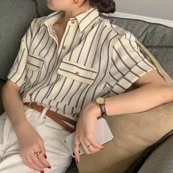 DIMANAF 2024 плюс размер новая женская летняя блузка винтажная рубашка с коротким рукавом свободная базовая рубашка на пуговицах повседневные полосатые топы футболки