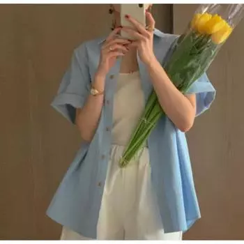 DIMANAF 2024 плюс размер, новая женская летняя блузка, винтажная рубашка с коротким рукавом, свободная базовая рубашка, повседневные синие однотонные футболки, элегантные футболки