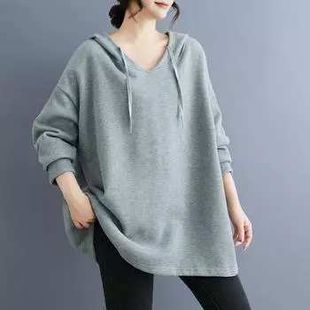 DIMANAF 2024 Плюс Размер Осень Однотонная Футболка Женская Новая Свободная Толстовка С Капюшоном Длинный Рукав Топы С V-образным Вырезом Футболки One Size чёрный