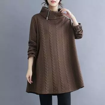 DIMANAF 2024 Плюс Размер Осень Однотонная Футболка Женская Новая С Капюшоном Молния Пуловер Длинный Рукав Свободные Модные Топы Футболки One Size чёрный