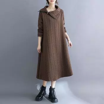 DIMANAF 2024 Плюс Размер Осень Однотонное Платье Женщин Новый Молния Пуловер Длинный Рукав Свободная Мода L чёрный