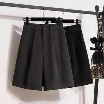 Dimanaf 2024 Плюс Размер Осень Зима Высокая Талия Шорты Женские Повседневные Новые Однотонные Свободные Широкие Брюки Короткие Брюки S чёрный