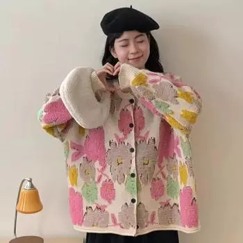 DIMANAF 2024 Плюс Размер Осеннее Пальто Женские Пуговицы Цветочные Свитера Куртка Вязание Модный Оверсайз Повседневный Розовый Стиль Свободный Кардиган Свитер One Size розовый