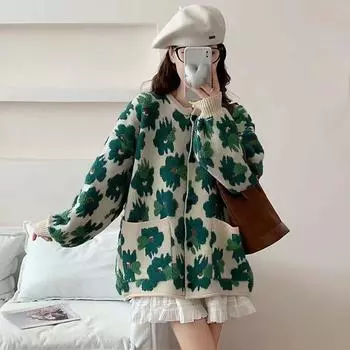 DIMANAF 2024 Плюс Размер Осеннее Пальто Женские Пуговицы Цветочный O-образный Вырез Свитер Куртка Вязание Зеленый Оверсайз Повседневный Стиль Свободный Кардиган Свитер One Size зелёный