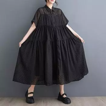 DIMANAF 2024 Плюс Размер Пальто Летняя Женская Футболка Свободный Повседневный Стиль Рубашка Платье Полосатая Блузка Рубашка Черный