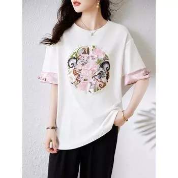 DIMANAF 2024 Плюс Размер Повседневная Футболка Летняя Женская Короткий Рукав Свободный O-образный Вырез Лоскутный Принт Футболка Новые Большие Размеры Топы