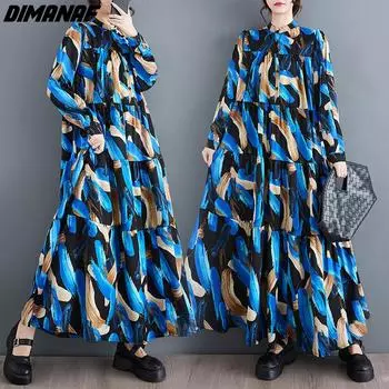 DIMANAF 2024 плюс размер сезон: весна-лето платье с длинными рукавами пляжное женское модное свободное шифоновое платье с принтом