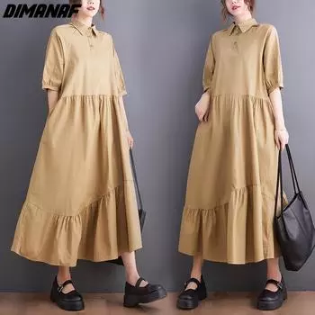 DIMANAF 2024 Плюс Размер Весенне-Летнее Платье-Рубашка Женское Свободное Повседневное Платье Однотонное Плиссированное Длинное Платье