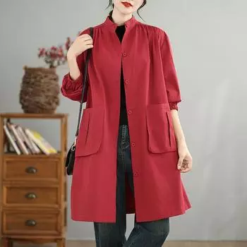 Dimanaf 2024 Плюс Размер Женская Новая Осенняя Куртка Повседневная Базовая Пальто Оверсайз Модные Длинные Рукава Винтаж Свободные Топы L красный