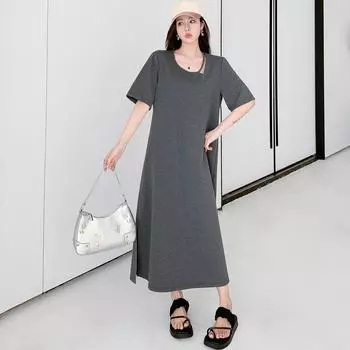 DIMANAF 2024 плюс размер женское летнее новое платье-футболка с коротким рукавом повседневное базовое хлопковое винтажное свободное дизайнерское длинное платье XL чёрный