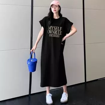 DIMANAF 2024 плюс размер женское летнее платье-футболка с коротким рукавом повседневное базовое хлопковое винтажное платье свободное длинное платье с буквенным принтом