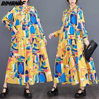DIMANAF 2024 плюс размер женское весенне-летнее пляжное платье модное элегантное шифоновое длинное платье оверсайз свободное платье-рубашка с принтом