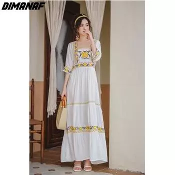 DIMANAF 2024 плюс размер женское весенне-летнее пляжное платье с вышивкой женская мода длинное платье богемное свободное платье макси