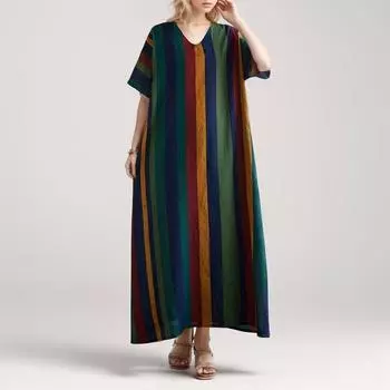 DIMANAF 2024 Plus Size Dress Summer Women Striped Loose Short Sleeve Linen Fashion Vintage Basic New V-Neck Dress