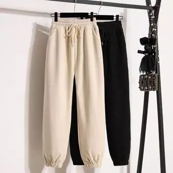 Dimanaf 2024 Большие размеры Длинные брюки утолщенные женские эластичные свободные с высокой талией однотонные свободные повседневные базовые брюки шаровары 5XL 2XL чёрный