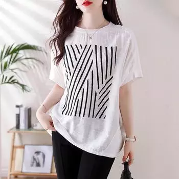 Dimanaf 2024 Повседневная футболка больших размеров, летняя женская свободная базовая рубашка с круглым вырезом и рукавами «летучая мышь», новые топы больших размеров
