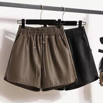 DIMANAF 2024 PU осенние шорты женские широкие брюки с высокой талией повседневные свободные однотонные короткие брюки XL чёрный