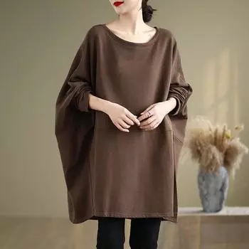 DIMANAF 2024 Пуловер Длинный Плюс Размер Осень Большая Футболка Женская Супер Длинный Рукав Свободная Белая Футболка Летучая Мышь One Size дубильная кора