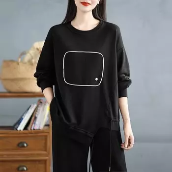 DIMANAF 2024 Пуловер Осенняя футболка с пуговицами Женская печать Однотонная асимметричная с длинным рукавом Свободная белая черная One Size дубильная кора