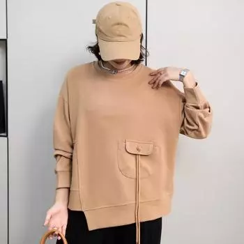 DIMANAF 2024 пуловер осенняя толстовка с капюшоном футболка женская печать большой асимметричный полный рукав свободный белый One Size бежевый