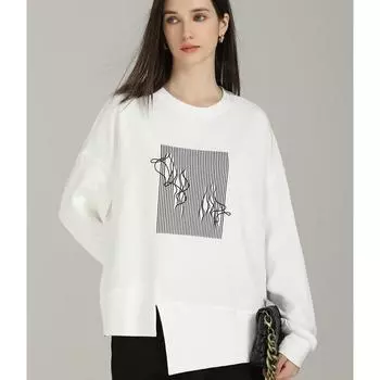 DIMANAF 2024 пуловер осенняя толстовка с капюшоном футболка женская асимметричный принт полный рукав свободный белый One Size коричневый