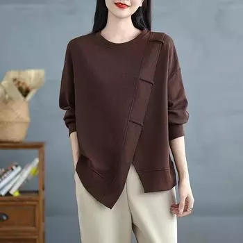 DIMANAF 2024 пуловер осенняя толстовка с капюшоном футболка женская полный рукав свободный белый One Size коричневый