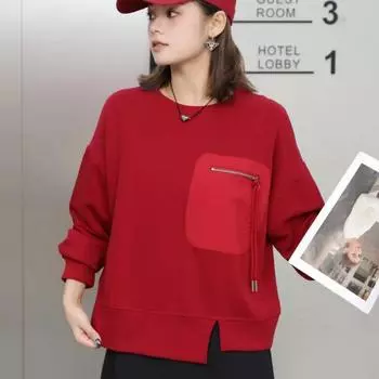 DIMANAF 2024 пуловер осенняя толстовка с капюшоном футболка женская печать асимметричный большой полный рукав свободный белый One Size коричневый