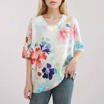 DIMANAF 2024 Summer Women T-Shirts Summer Style Shirts Print Colorful Floral Elegant V-Neck Tops Tees Loose Casual