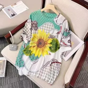 DIMANAF 2024 Summer Women T-Shirts Summer Style Shirts Print Rhinestone Colorful Floral Tops Tees Loose Casual