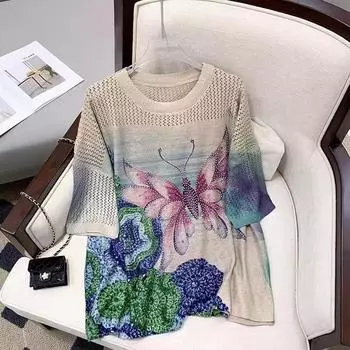 DIMANAF 2024 Summer Women T-Shirts Summer Shirts Print Rhinestone Colorful Floral Elegant Tops Tees Loose Casual