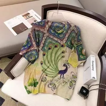 DIMANAF 2024 Summer Women T-Shirts Summer Style Shirts Print Rhinestone Colorful Floral Elegant Tops Tees