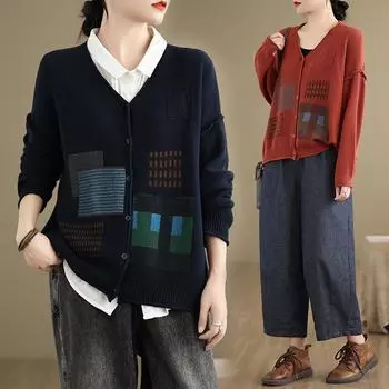 DIMANAF 2024 свитер большого размера осень женщины V-образный вырез свитера куртка вязаный кардиган повседневный свободный One Size темно-синий