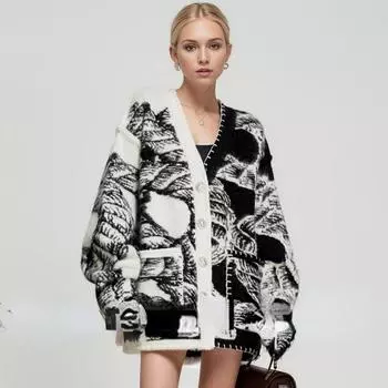 DIMANAF 2024 свитер кардиган осень стиль зима женщины принт свитера куртка вязание свободный большой свитер