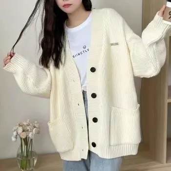 Dimanaf 2024 свитер, куртка, кардиган, осенний стиль, зима, женские свитера с принтом, однотонный вязаный свободный свитер