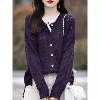 DIMANAF 2024 свитер осень зима женские однотонные свитера куртка вязаный кардиган свободный красный свитер One Size фиолетовый