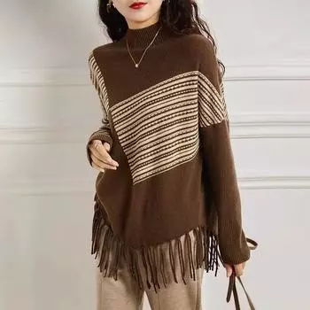 DIMANAF 2024, свитера больших размеров, осенняя мода, водолазка, полосатый женский свитер большого размера, вязаный свободный свитер One Size чёрный