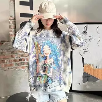 DIMANAF 2024 свитера больших размеров, пуловер со стразами, осенние свитера больших размеров для женщин с узором и принтом, свободный свитер с длинным рукавом One Size белый