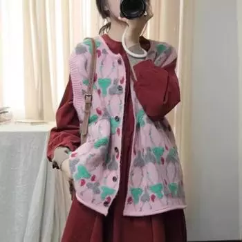 DIMANAF 2024 свитера цветочный жилет пальто кардиган без рукавов осень женщины принт O-образный вырез свитера вязание свободный свитер One Size