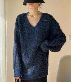 DIMANAF 2024 свитера осень шерсть V-образный вырез леопардовый принт длинный рукав женская базовая одежда пэчворк большой новый One Size синий