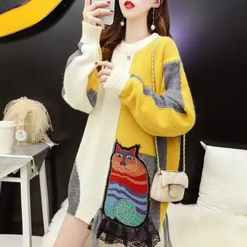 Dimanaf 2024 Свитера Осенние женские с мультяшным принтом Джинсовый вязаный модный повседневный стиль Свободный пуловер Свитер