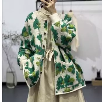 DIMANAF 2024 свитера осенний цветочный кардиган женский принт O-образный вырез летучая мышь свитера вязаный свободный свитер зеленый One size зелёный