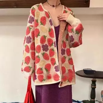 DIMANAF 2024 свитера с цветочным принтом пальто кардиган осень женщины принт О-образный вырез свитера вязаный свитер свободная куртка One size красный