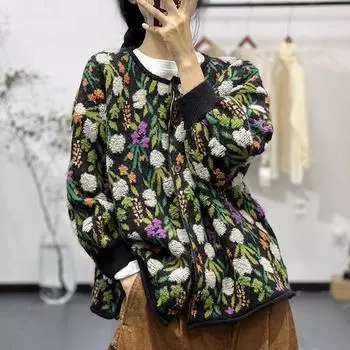 DIMANAF 2024 свитера с цветочным принтом пальто кардиган осень женщины принт О-образный вырез летучая мышь свитера вязаный свободный свитер зеленый One size чёрный