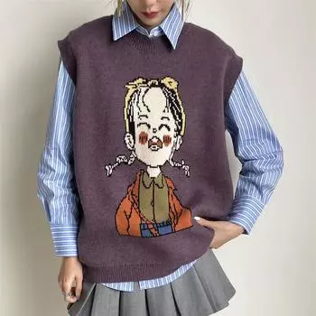 DIMANAF 2024 Свитера Жилет большого размера Осенний женский узор с принтом Вязание Модный свободный свитер больших размеров Фиолетовый Базовый повседневный стиль Свободный свитер