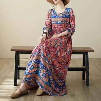 DIMANAF 2024 Весеннее платье больших размеров Женское богемное повседневное свободное платье с принтом Платье с цветочным принтом Пляжные повседневные платья с круглым вырезом Зеленые женские