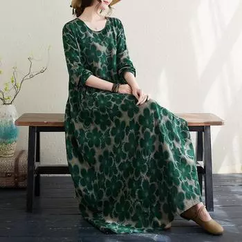 DIMANAF 2024 Весеннее платье больших размеров Женское богемное повседневное платье с принтом Платье с цветочным принтом Свободные пляжные повседневные платья с круглым вырезом Зеленые женские L