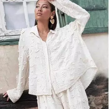 DIMANAF 2025 Весенняя рубашка Женская кружевная блузка Короткий рукав Модные топы Футболки Повседневная свободная белая футболка Новинка One Size белый