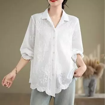 DIMANAF 2024 Весенняя рубашка женская кружевная блузка с коротким рукавом модные топы футболки свободные белые футболки новые One Size белый